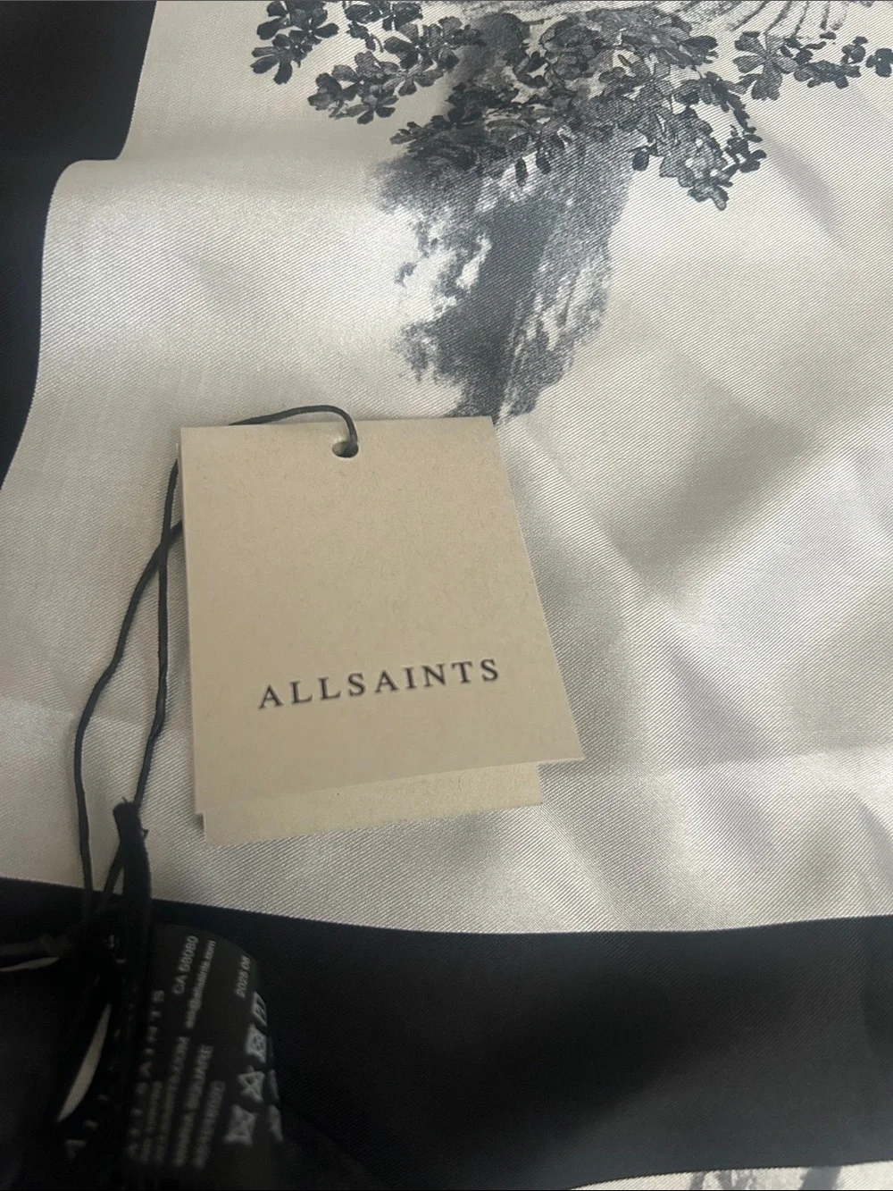 NWT AllSaints Black and White Logo Square Silk Scarf